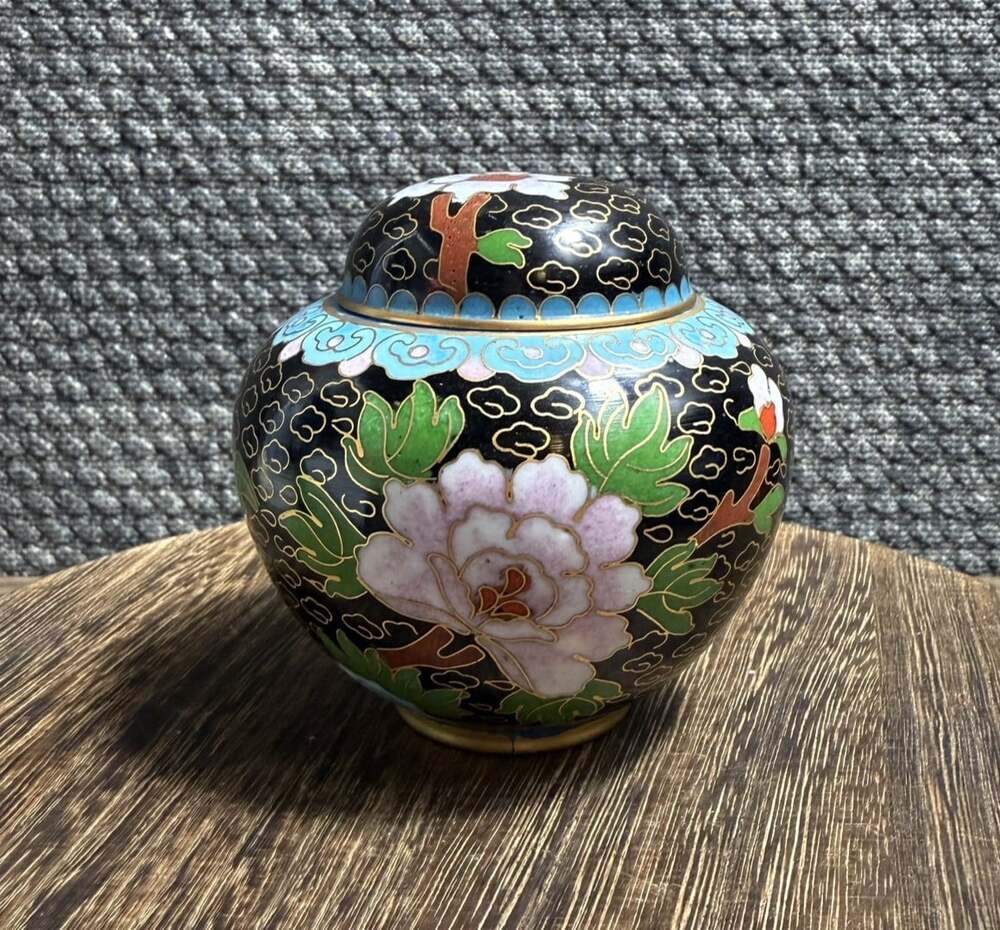 Antique 3" Chinese Cloisonné Covered Black Enamel & Brass Ginger Jar